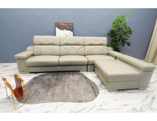 水泥灰半牛皮三人L型沙發